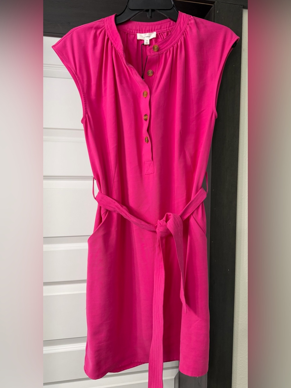 Cap-Sleeve Tie-Waist Mini Dress in Hot Pink